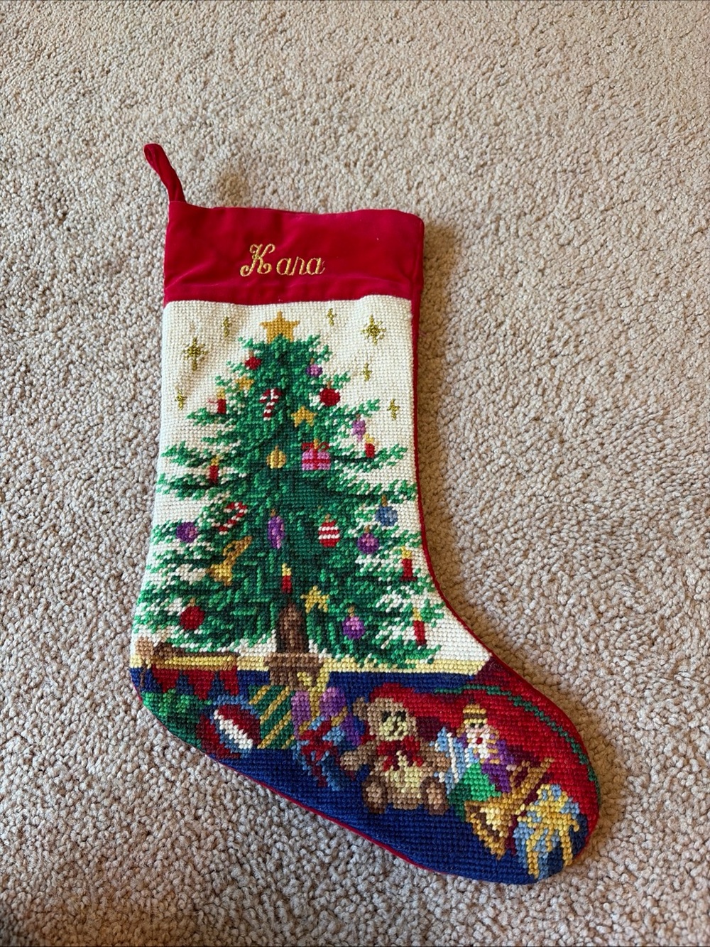 Vintage Lillian Vernon Needlepoint Stocking Christmas Tree. Monogram “Kara”